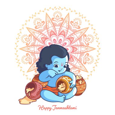 Little cartoon Krishna with a pot of makhan. clipart