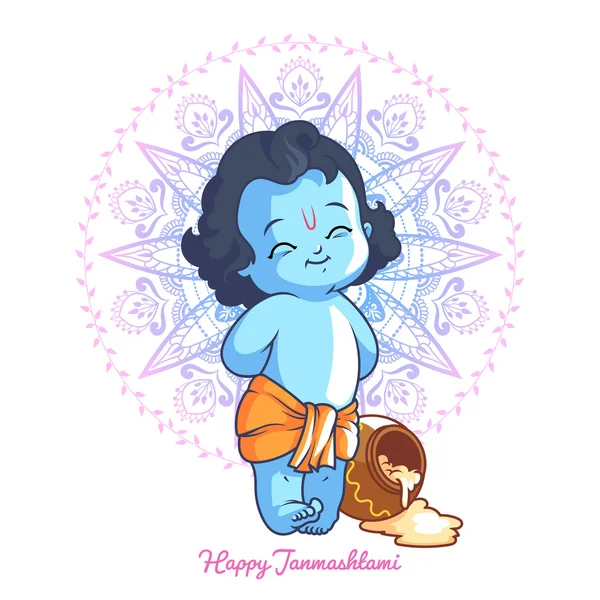 Little cartoon Krishna with a pot of butter. — Stock Vector
