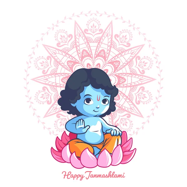 Pequeno desenho animado Krishna no lótus . — Vetor de Stock