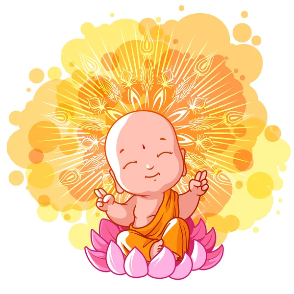 Un piccolo monaco meditante sul loto. Giornata di sole . — Vettoriale Stock