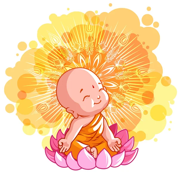 Little meditating monk on the lotus. Sunny day. — Stock Vector