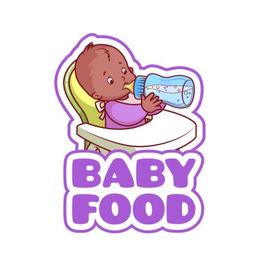 Bebek sandalyesi şişe süt ile şirin çocuk.