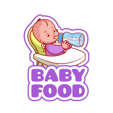 Bebek sandalyesi şişe süt ile şirin çocuk.