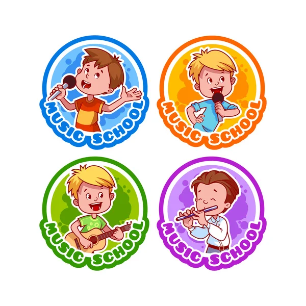 Vier stickers met kinderen. Logo sjabloon voor de muziekschool. — Stockvector