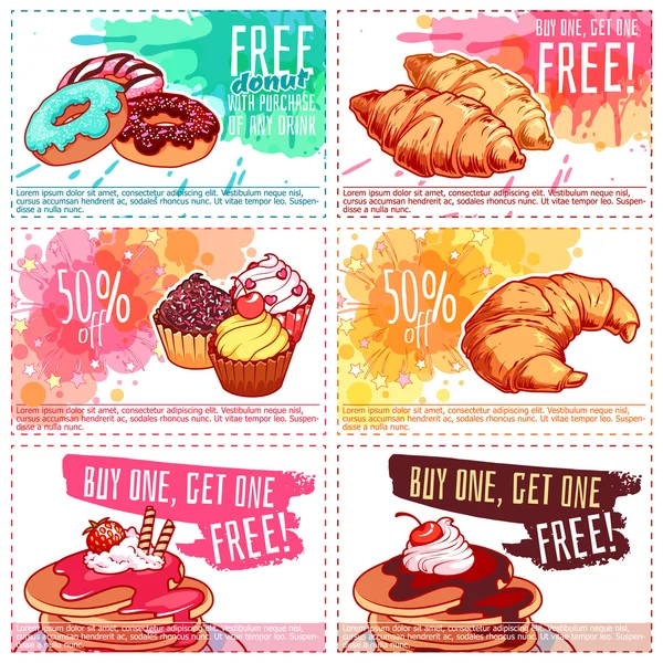 Six différents coupons de réduction pour les produits de boulangerie sucrée et poêle — Image vectorielle