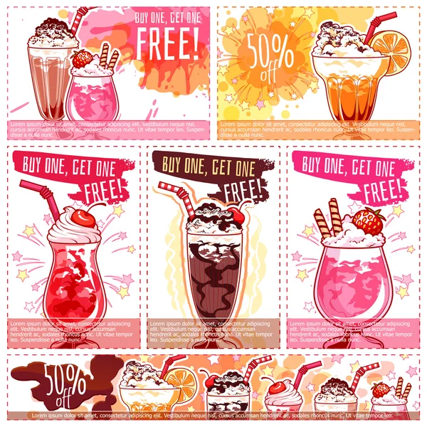 Six different discount coupons for milkshakes. — Stock Vector