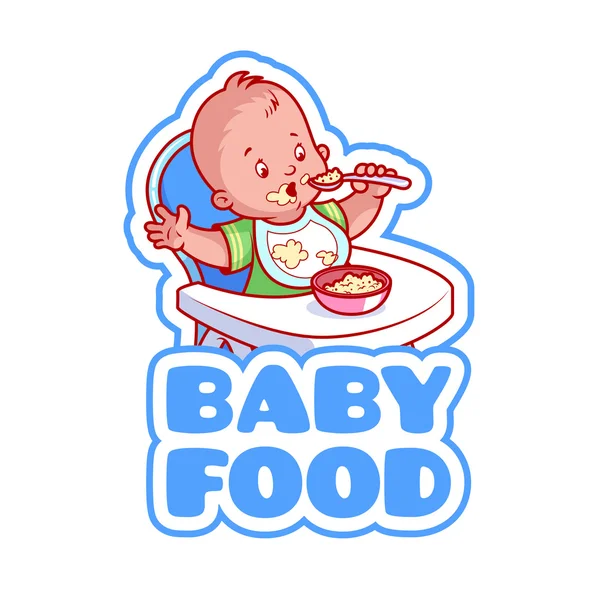 Lindo niño en silla de bebé con plato de gachas . — Archivo Imágenes Vectoriales