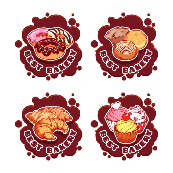 Quatre autocollants avec différents produits de boulangerie . — Image vectorielle