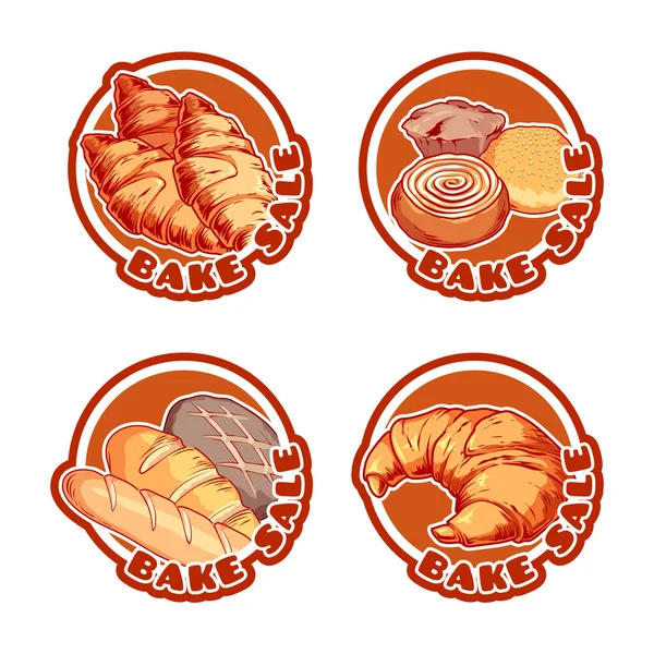 Four stickers with different bakery products. — Stock Vector