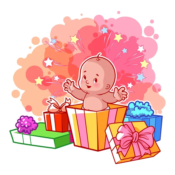 Carte avec bébé fille mignonne dans une boîte cadeau . — Image vectorielle