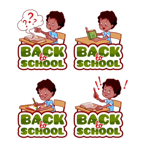 Vier stickers met Afro-Amerikaanse schooljongen. — Stockvector