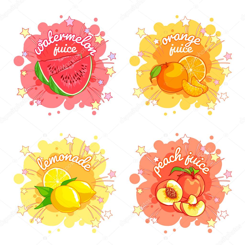 Four stickers with different fruit juices. Watermelon, orange, lemon and peach. Vector cartoon illustration isolated on a white background.