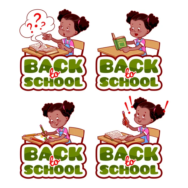 Vier stickers met Afro-Amerikaanse schoolmeisje. — Stockvector