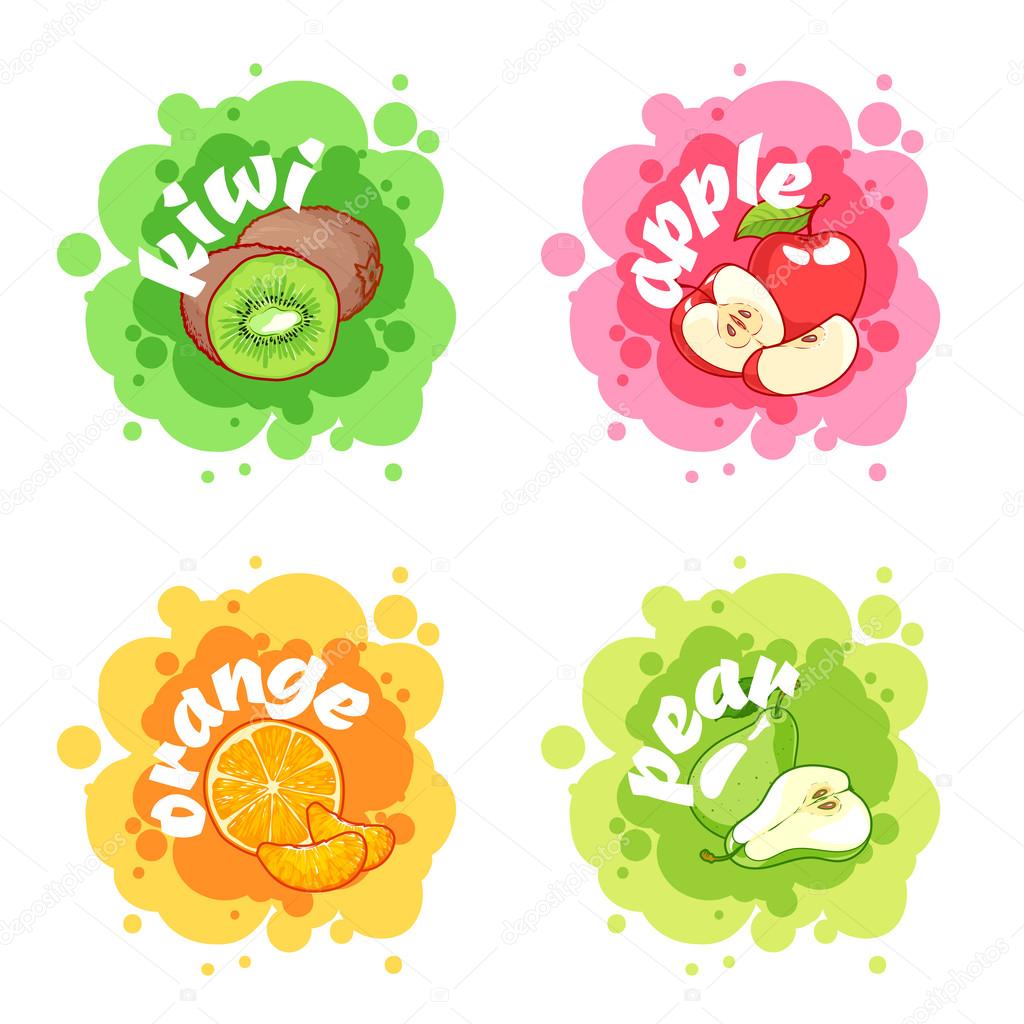 Four stickers with different fruits. Kiwi, apple, orange and pear. Vector cartoon illustration isolated on a white background.