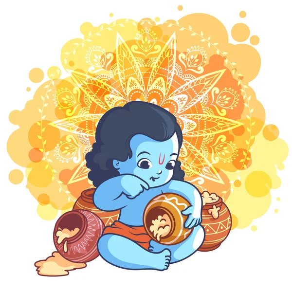 Pequeña caricatura Krishna con una olla de makhan . — Vector de stock