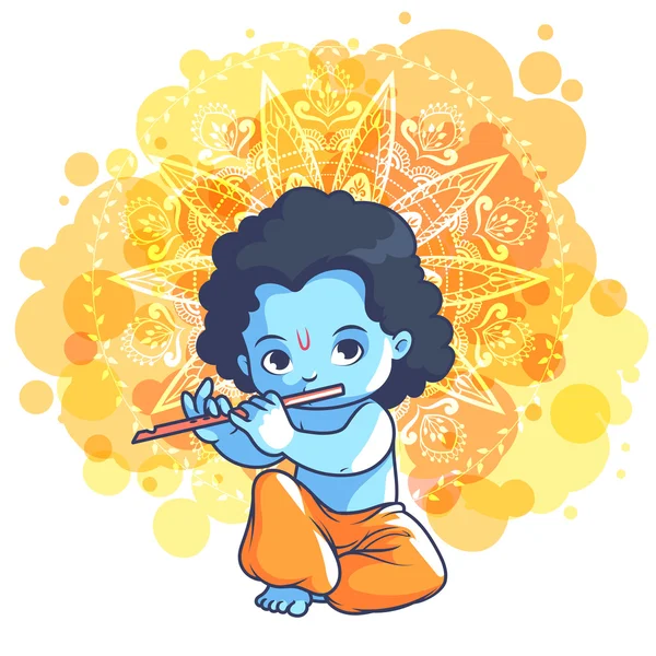 Bir flüt ile küçük karikatür Krishna. — Stok Vektör