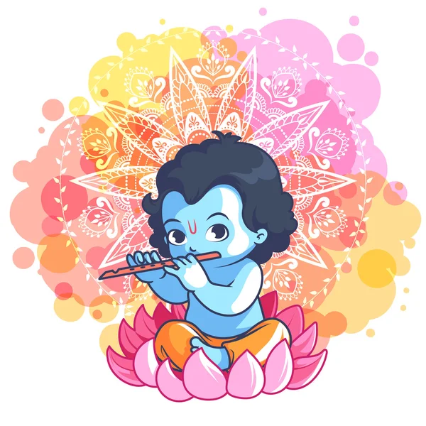 Pequeno desenho animado Krishna com uma flauta no lótus . — Vetor de Stock