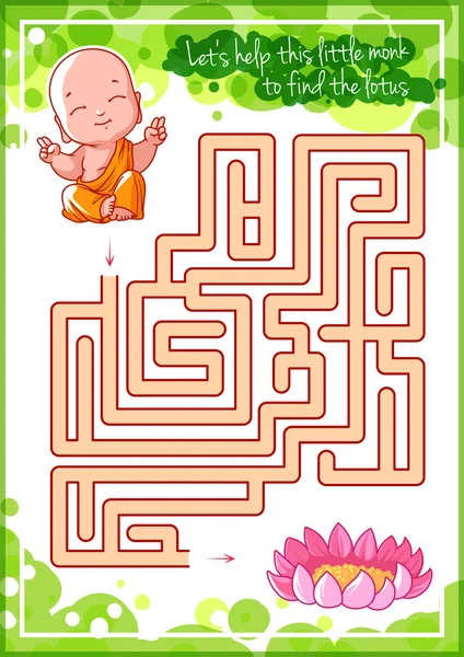 Maze game for kids with monk and lotus. — Stock Vector