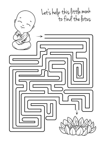 Jeu de labyrinthe pour les enfants avec moine et lotus . — Image vectorielle