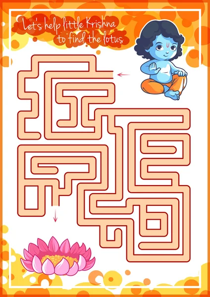เกม Maze สําหรับเด็กที่มี Krishna และโลตัส . — ภาพเวกเตอร์สต็อก