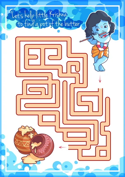 Labyrinth-Spiel für Kinder mit Krishna und Butter. — Stockvektor