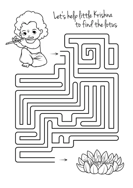 Labyrint spel för barn med Krishna och lotus. — Stock vektor