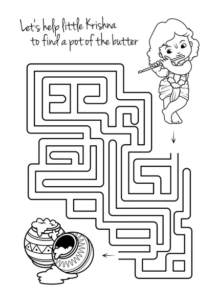 Labyrint spel för barn med Krishna och smör. — Stock vektor