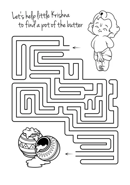 Maze game for kids with Krishna and butter. — Stock Vector