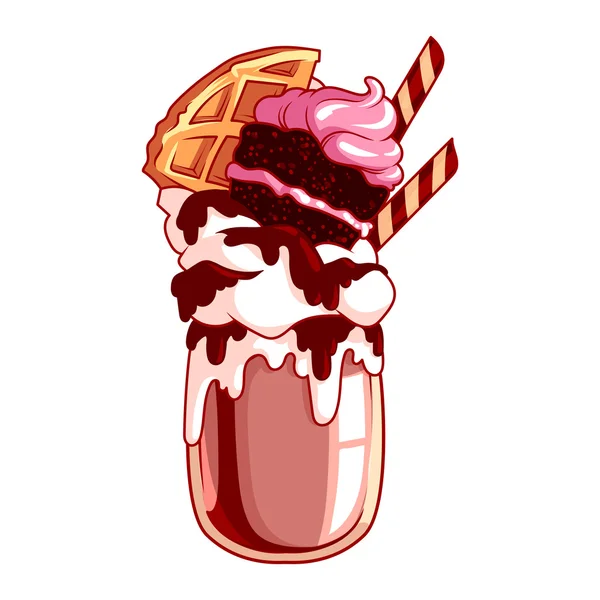 Milkshake gigante con torta y waffle . — Vector de stock