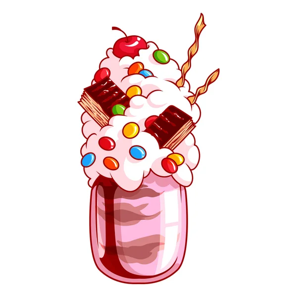 Milkshake gigante con caramelos, waffle y crema de vainilla . — Archivo Imágenes Vectoriales