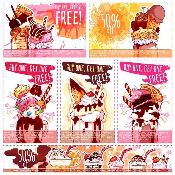 Six différents coupons de réduction pour la crème glacée et milkshakes . — Image vectorielle