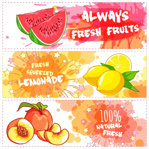 Drie horizontale banners voor vruchtensappen. — Stockvector