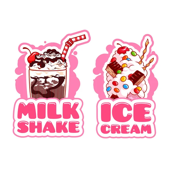 Dois adesivos com milkshake e sorvete . —  Vetores de Stock