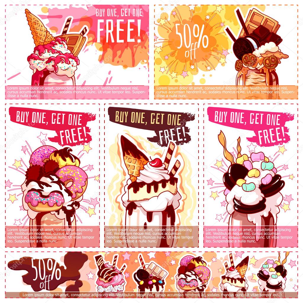 Six different discount coupons for ice cream and milkshakes. — Stock