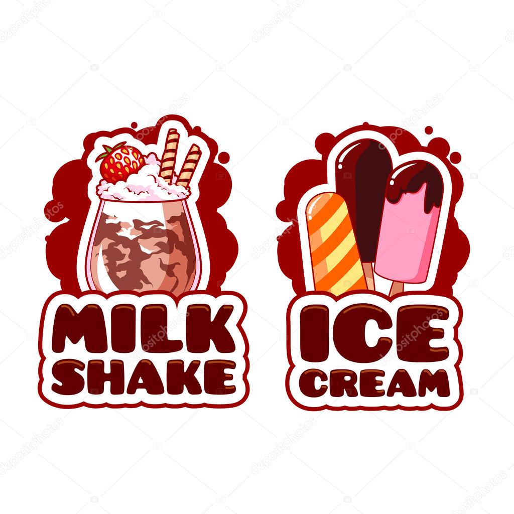 Two logo template for milkshake and ice cream. Vector cartoon illustration isolated on a white background.