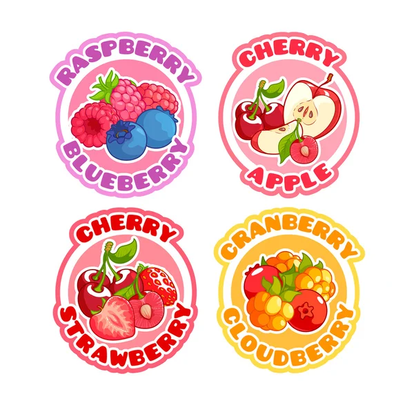 Четыре наклейки с различными комбинациями фруктов и ягод . — стоковый вектор