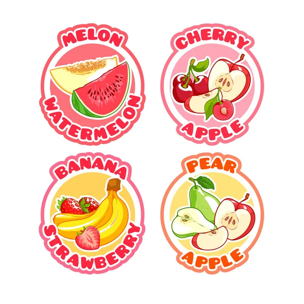 Чотири наклейки з різними комбінаціями фруктів і ягід . — стоковий вектор