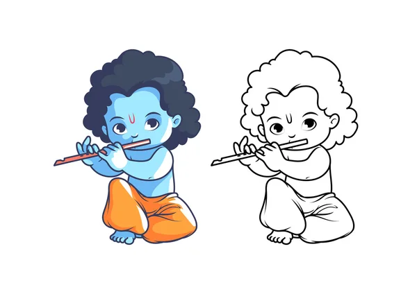 Pequeno desenho animado Krishna com flauta . —  Vetores de Stock