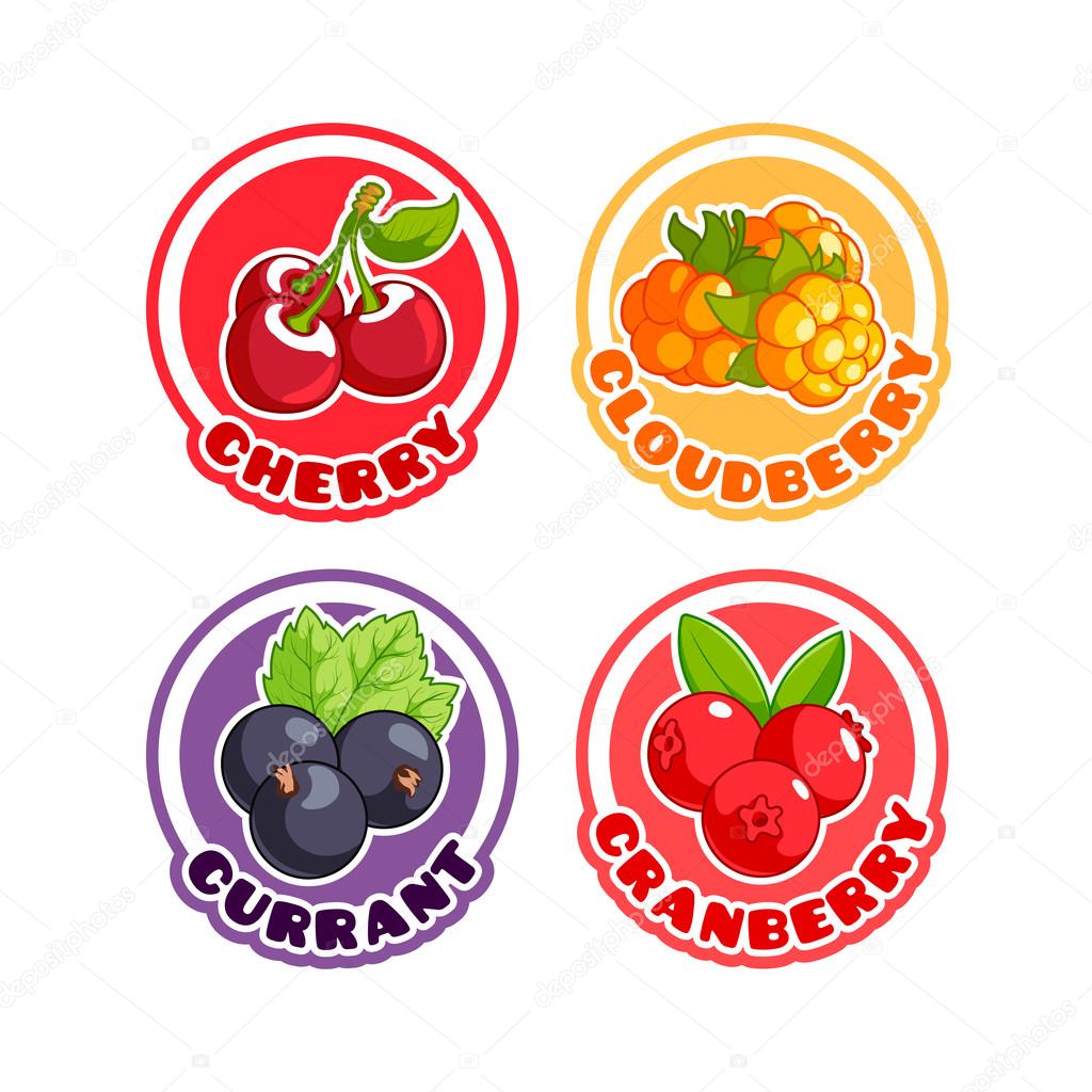 Four stickers with different berries. Cherry, cloudberry, currant and cranberry. Vector cartoon illustration isolated on a white background.