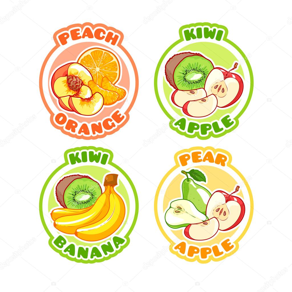 Four stickers with different combinations of fruits. Peach, orange, kiwi, apple, banana and pear. Vector cartoon illustration isolated on a white background.