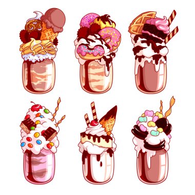 Farklı dev milkshakes kümesi.