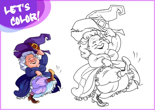 Bruxa velha dançarina engraçada. Página para colorir livro . —  Vetores de Stock