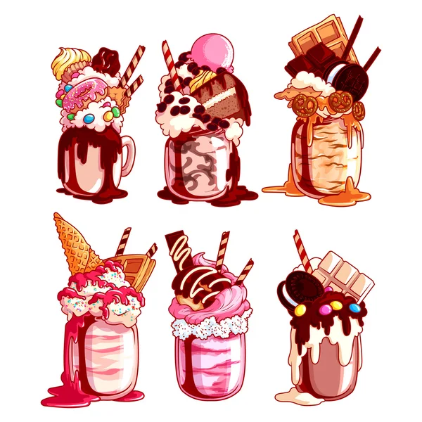 Set of different giant milkshakes. — Stock Vector