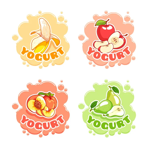 Quatro adesivos com para iogurte com frutas diferentes . —  Vetores de Stock