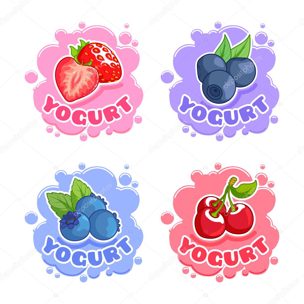 Four stickers with for yogurt with different berries. Strawberry, blueberry,  bilberry and cherry.  Vector illustration on a white background.
