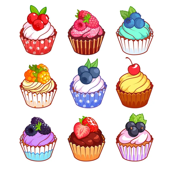 Set van cupcakes met verschillende bessen. — Stockvector