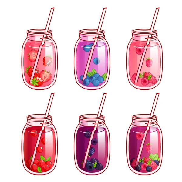 Set of cocktail jars with different juices. — Stock Vector