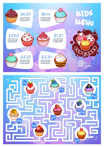 Menu enfants avec cupcakes et jeu de labyrinthe . — Image vectorielle