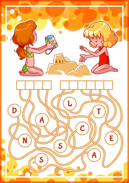 Educational puzzle game with kids and sand castle. — Stock Vector