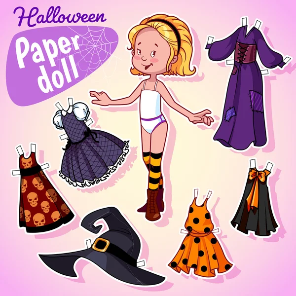 Very cute paper doll with five beautiful dresses at halloween. — Stock Vector